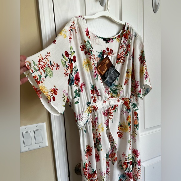 White, Multi Color Floral Long Cardigan Duster with elastic waistband. - Picture 5 of 15